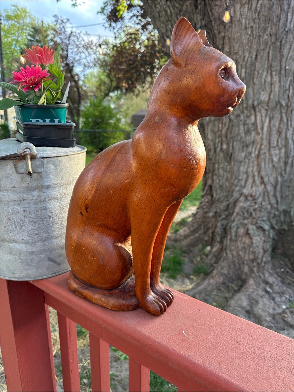Hand-Carved Wooden Cat Statue - Brown